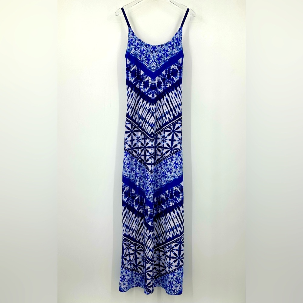 Venus Blue White Tie Dye Maxi Dress Sleeveless Spaghetti Strap Sundress Medium